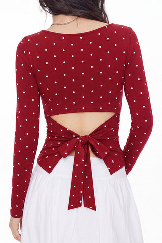 Polka Dot Long Sleeve Tie Back Blouse