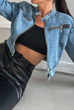 Zippered Collarless Crop Denim Jacket
