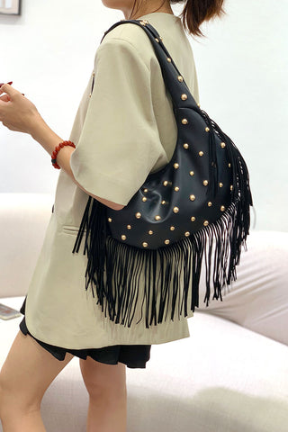 Studded Fringe Hobo Bag
