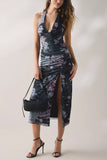 Ruched Halter High-Slit Dress
