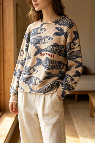 Fish Print Crew Neck Knit Sweater