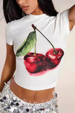 Cherry Print Crew Neck Crop T-Shirt