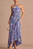 Floral Ruffle Halter Pleated Evening Dress