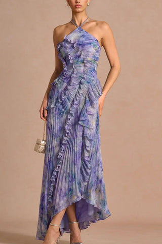 Floral Ruffle Halter Pleated Evening Dress