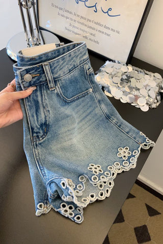 Floral Cutout Denim Shorts