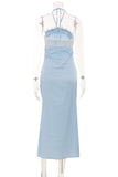 Lace Halter Satin Slip Casual Dress
