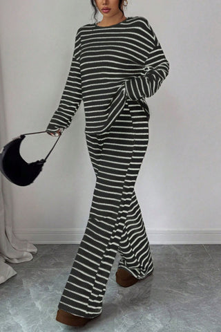 Striped Knit Crew Neck Pants Set