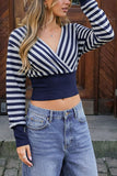 Striped Wrap V-Neck Long Sleeve Crop Blouse