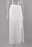 Fringe Hem High-Waist Midi Skirt