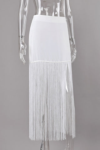 Fringe Hem High-Waist Midi Skirt