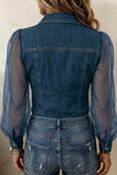Sheer Sleeve Button-Front Denim Shirt