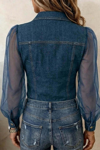 Sheer Sleeve Button-Front Denim Shirt