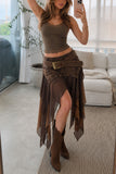 Studded Belt Asymmetrical Ruffle Midi Skirt