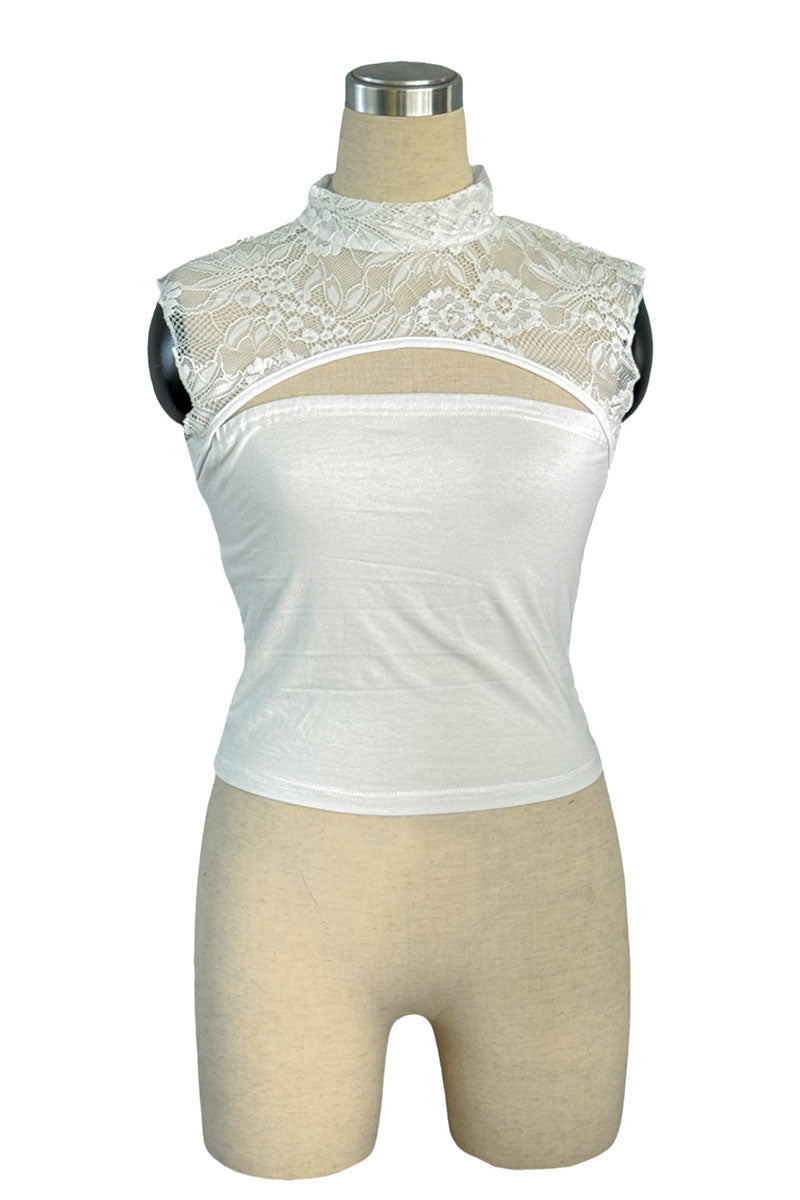 Lace Cutout Mock Neck Crop Top