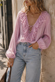 Ruffle V-Neck Long Sleeve Blouse