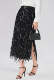 Sequin Fringe High-Waist Midi Skirt