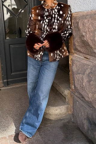 Spotted Faux Fur Cuff Long Sleeve Coat
