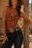 Sheer Mock Neck Printed Long Sleeve Top