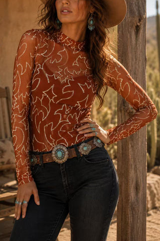Sheer Mock Neck Printed Long Sleeve Top