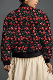 Floral Print Ribbed Trim Zip-Up Bomber Coat