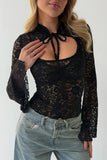 Lace Bell Sleeve Tie Neck Cutout Blouse