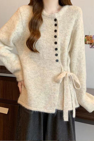 Button-Front Tie-Waist Knit Cardigan