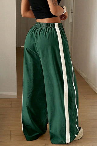 Side Stripe Drawstring Wide-Leg Casual Pants