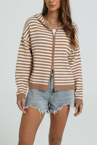 Striped Zip-Up Hooded Knit Cardigan