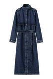 Belted Mock Neck Denim Maxi Coat