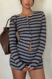 Striped Button-Front Long Sleeve Short Set
