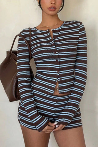 Striped Button-Front Long Sleeve Short Set