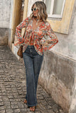Floral V-Neck Tie Front Bell Sleeve Blouse