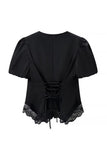Round Neck Puff Sleeve Lace Trim Drawstring Blouse