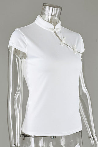 Mandarin Collar Asymmetric Button Top