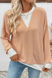 Textured V-Neck Color Block Sweatshirt