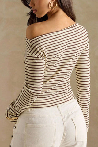 Ribbed One-Shoulder Striped Long Sleeve Top