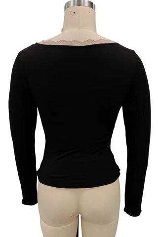 Lace Trim V-Neck Long Sleeve Top