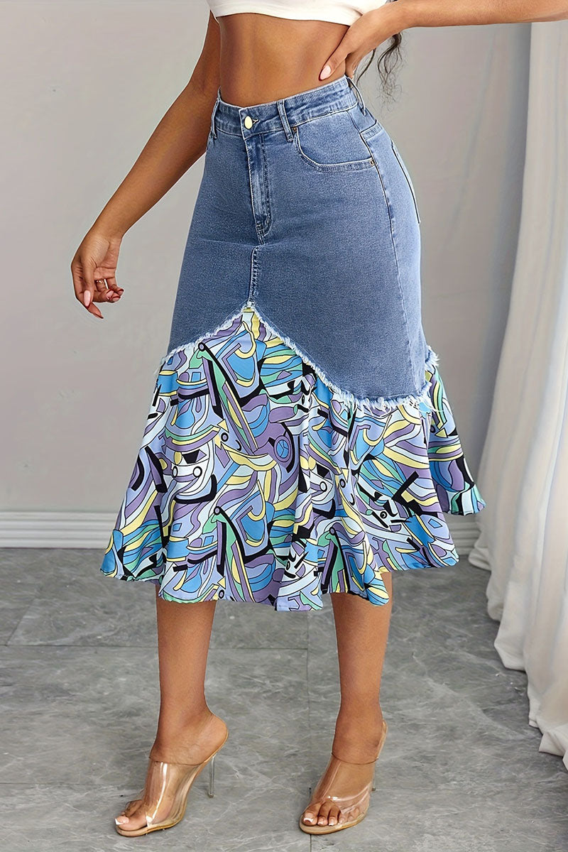 Graphic Print Denim Skirt