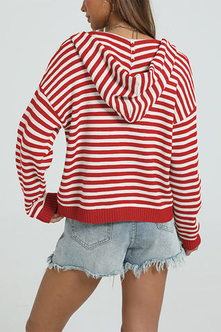 Striped Zip-Up Hooded Knit Cardigan