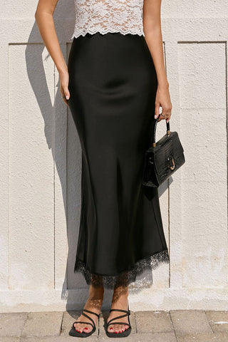 Satin Lace Trim Mermaid Maxi Skirt