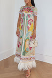 Fringe Short Sleeve Floral Maxi Dress