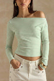 Striped One-Shoulder Ribbed Long Sleeve Top