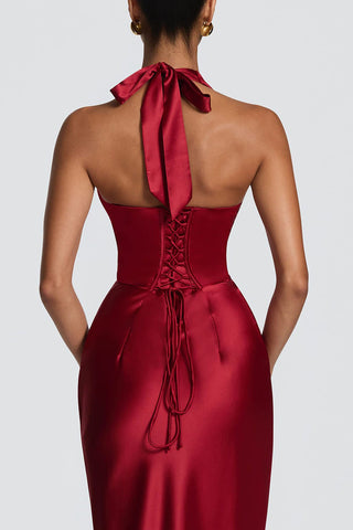 Satin Halter Plunging Mermaid Maxi Dress