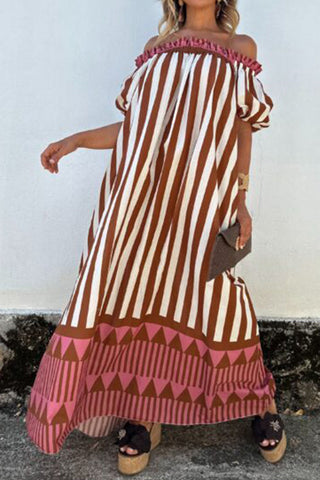 Off-Shoulder Puff Sleeve Striped Maxi Dress