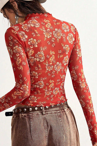 Sheer Floral Mock Neck Long Sleeve Blouse