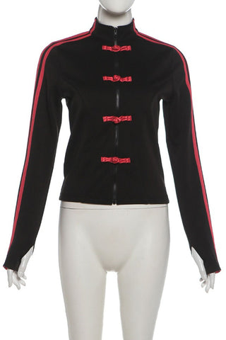 Striped Sleeve Frog Closure Zip Jacket