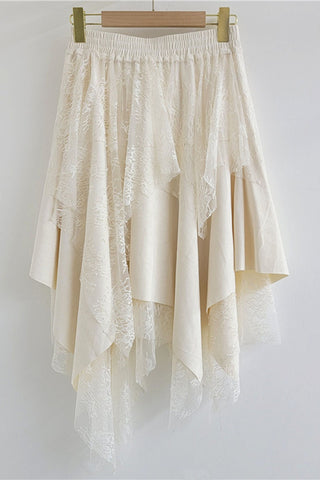 Smocked Waist Lace Asymmetrical Midi Skirt
