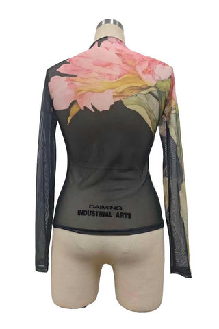 Floral Sheer Mesh Mock Neck Top