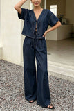 Tie-Front Denim Wide-Leg Pants Set