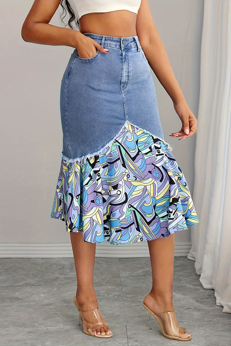 Graphic Print Denim Skirt